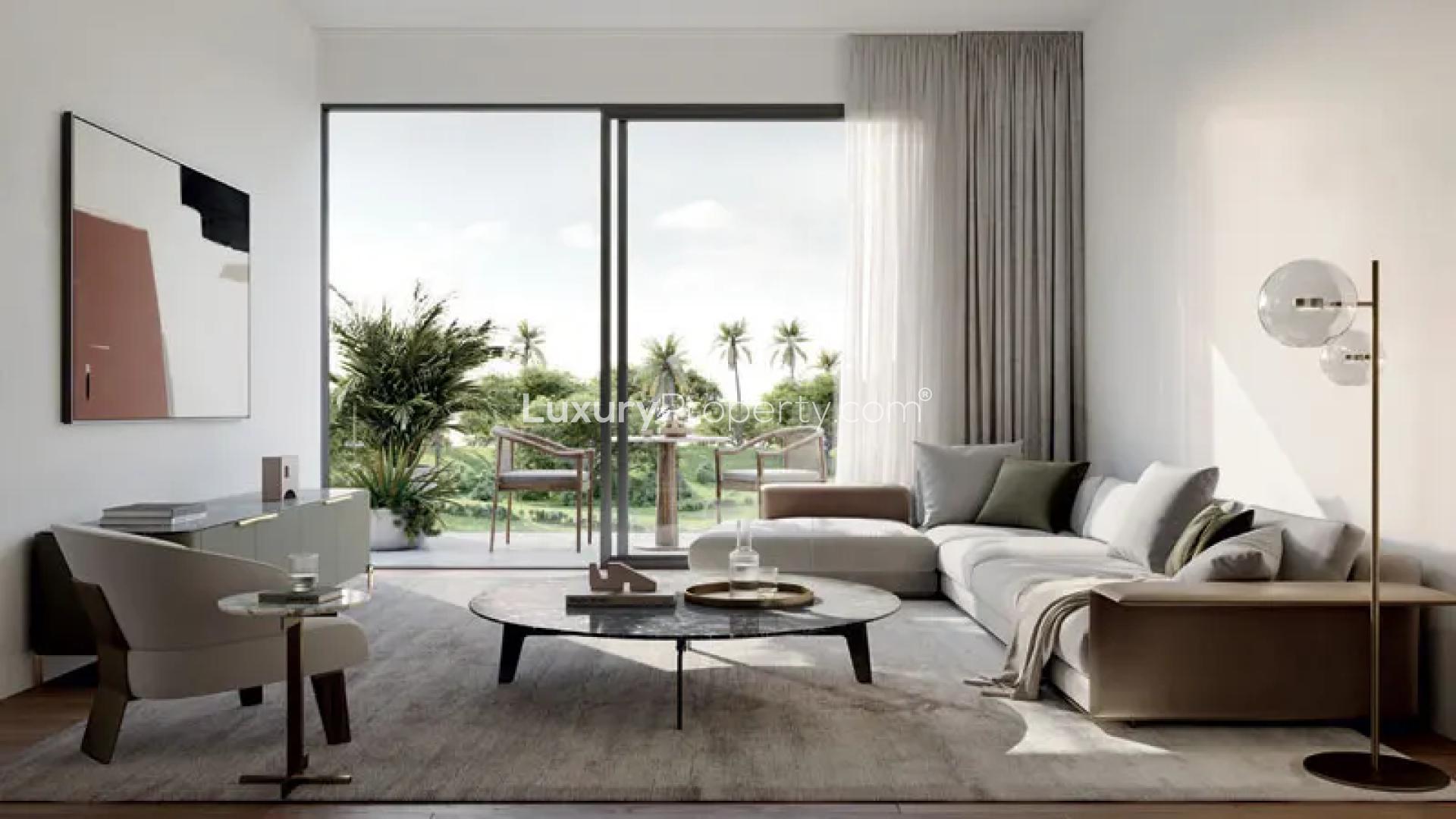 N/A,Modern living room in 399 Hills Park apartment, Dubai Hills Estate, with garden view