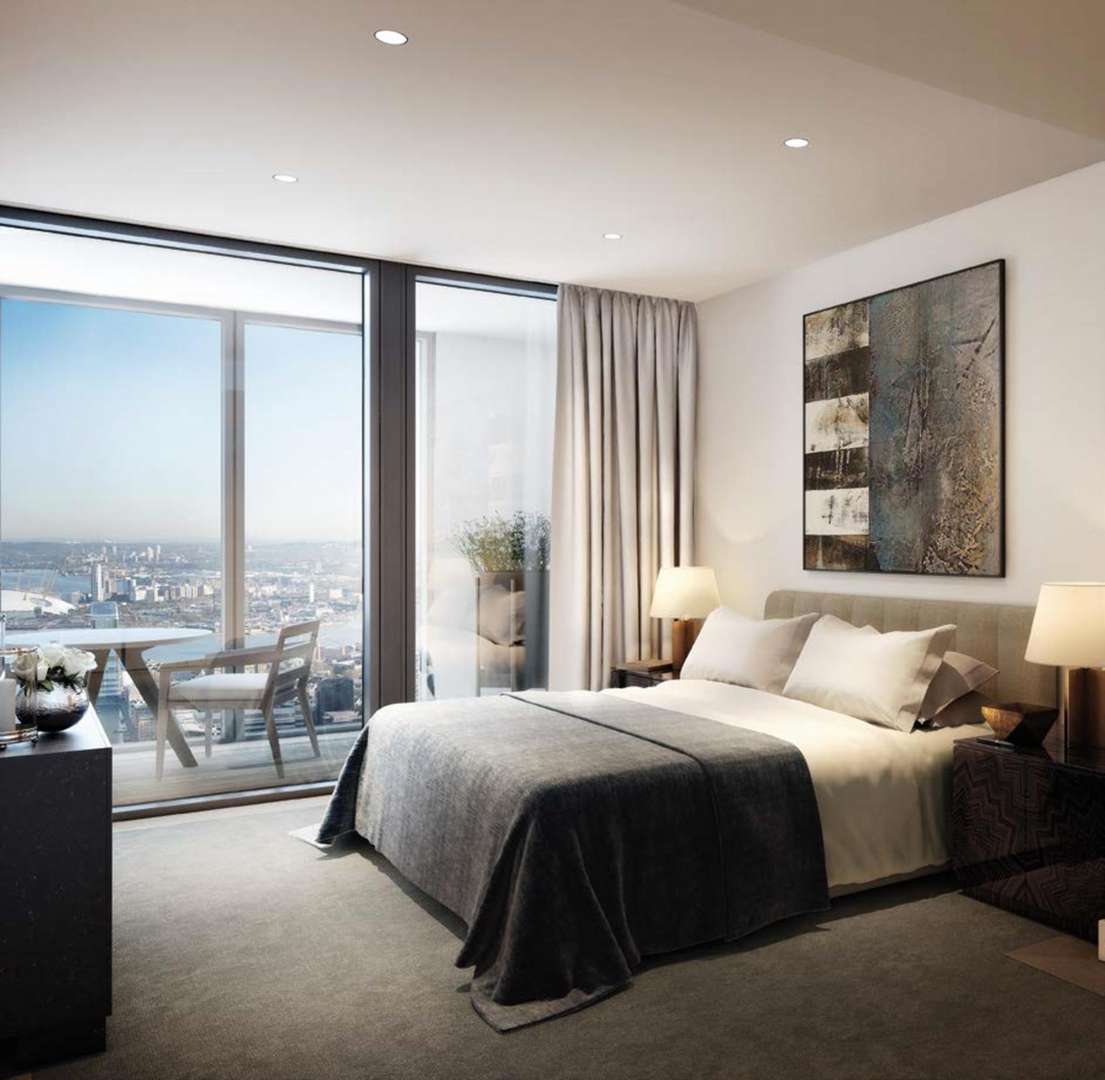 Luxurious living room in one-bed apartment, Landmark Pinnacle, Canary Wharf, London skyline view