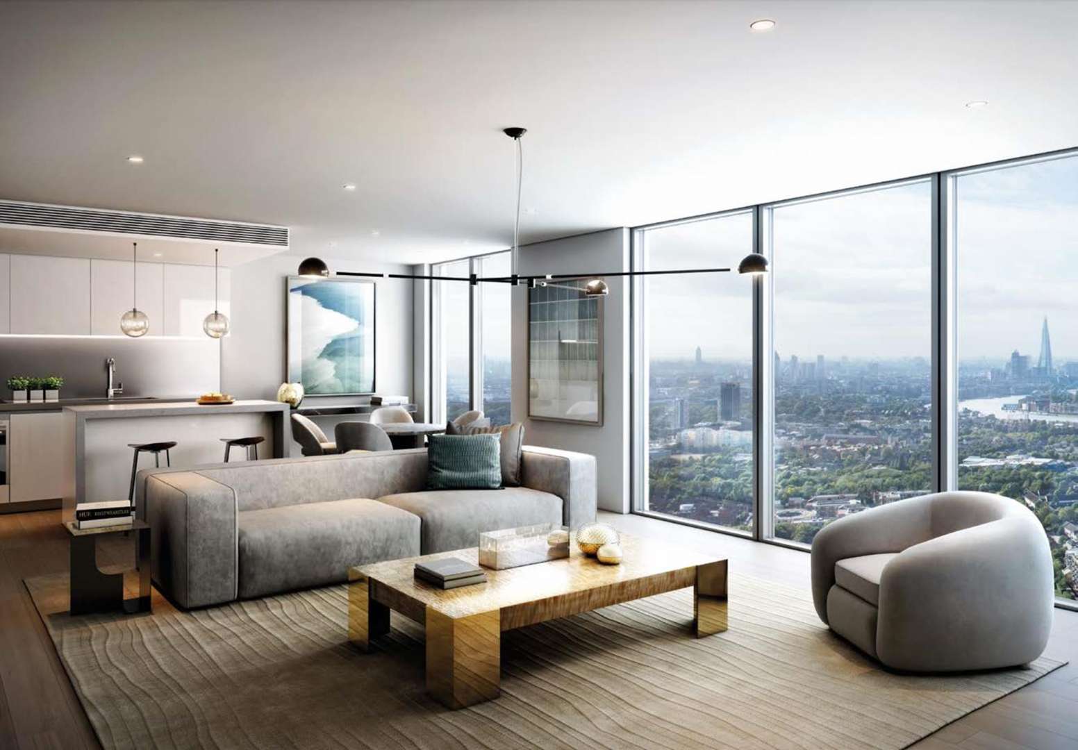 Luxurious living room in one-bed apartment, Landmark Pinnacle, Canary Wharf, London