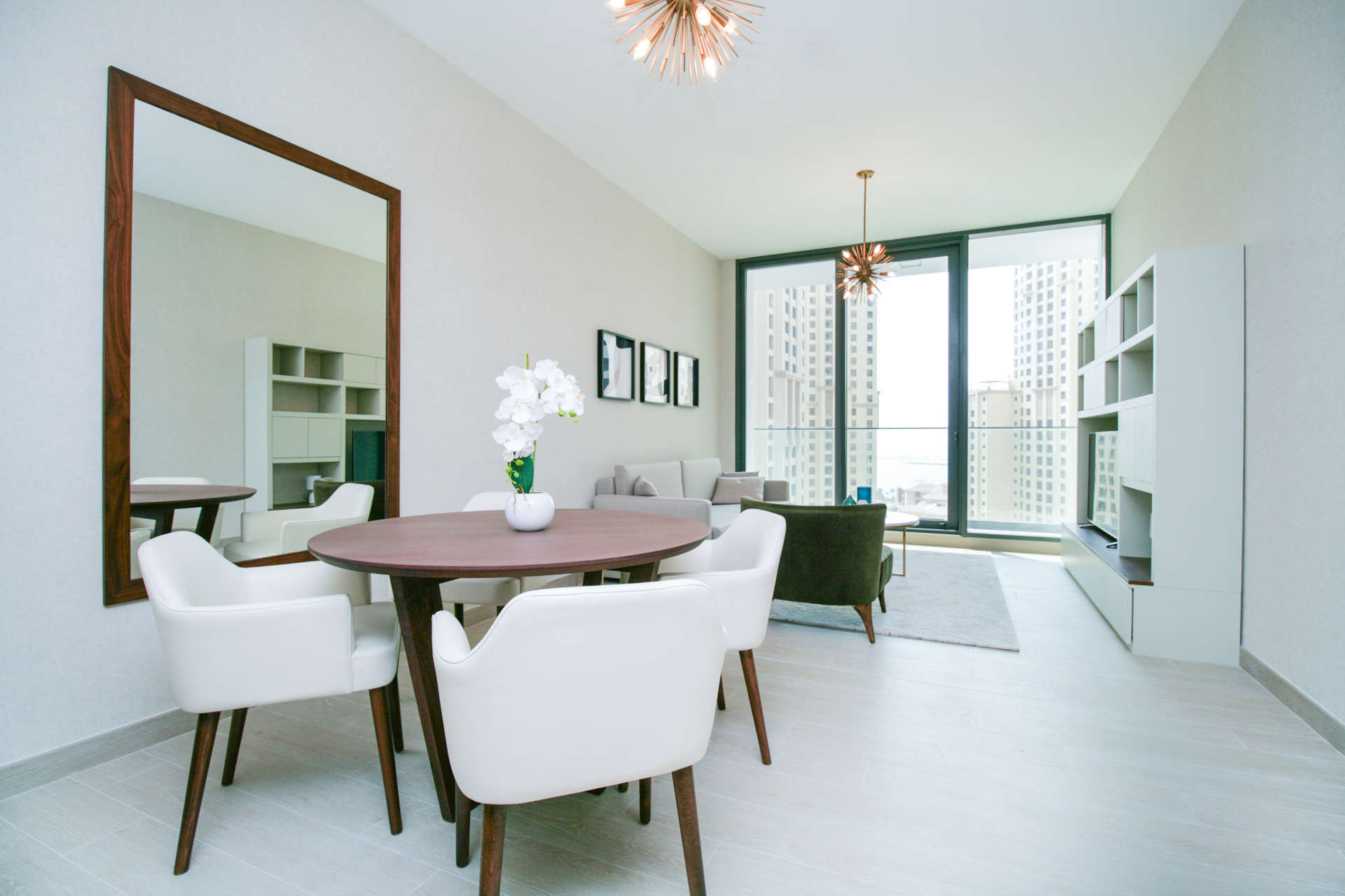Modern kitchen and living area in one-bed apartment, LIV Residence, Dubai Marina