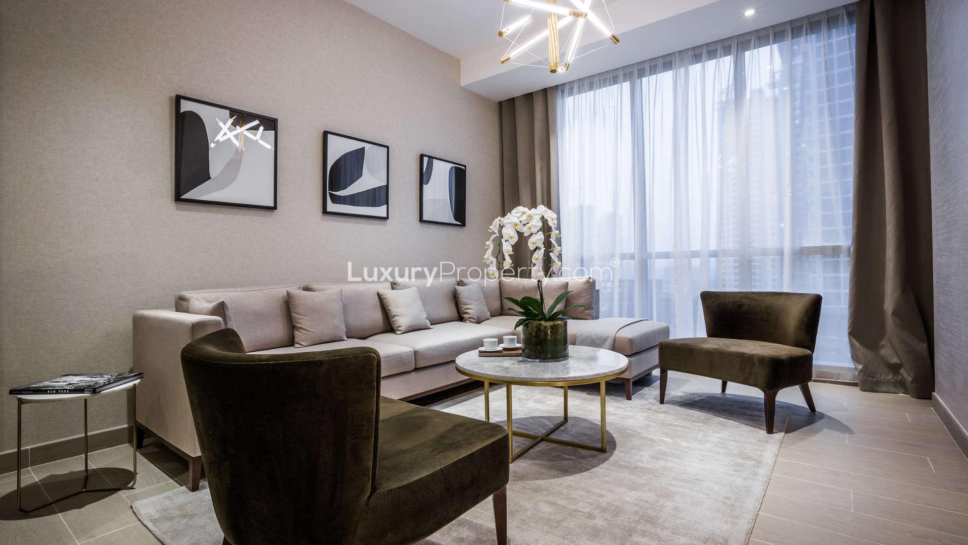 Luxurious lobby at LIV Residence, Dubai Marina with modern decor and elegant lighting