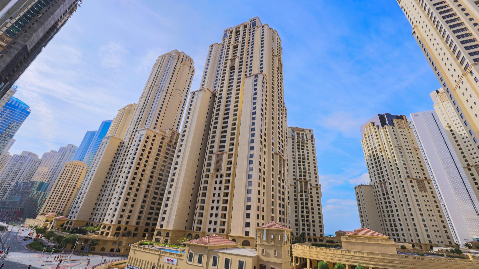Furnished living room in 1-bedroom apartment, LIV Residence, Dubai Marina, featuring modern decor