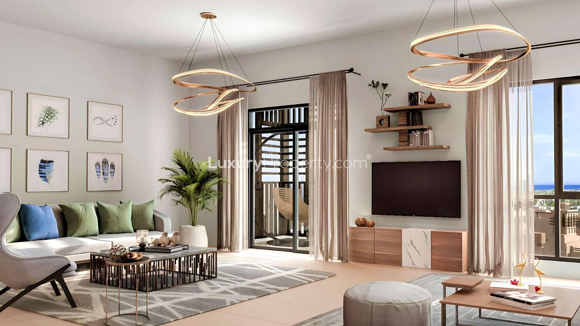 Contemporary apartment in MJL, vibrant community setting with iconic Burj Al Arab view