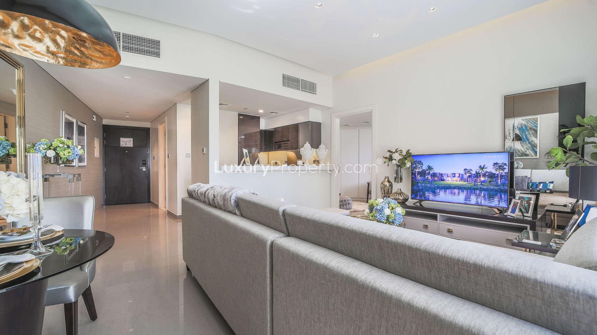 Luxurious living room in furnished 1-bedroom apartment, Maison Majestine, Business Bay for sale