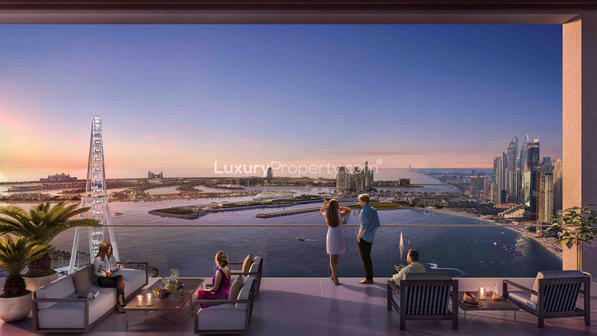High-floor Bluewaters Bay apartment balcony with stunning Dubai skyline and sea views