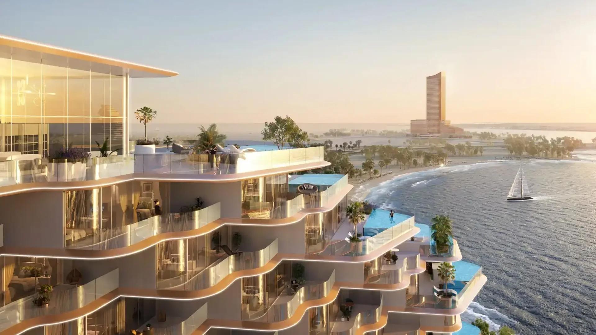 Luxurious Sora Beach apartment living room with sea view, Al Marjan Island