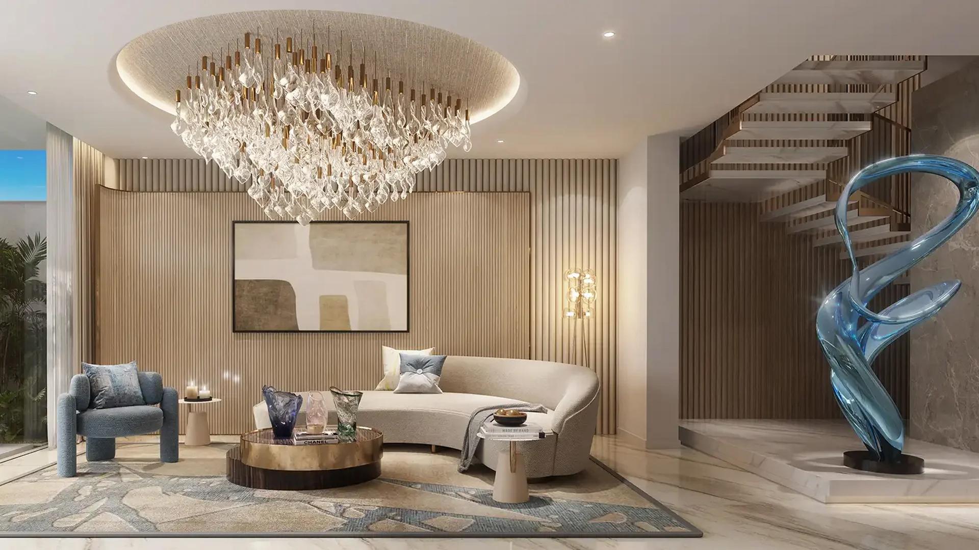 Luxurious living room in Sora Beach Villa, Al Marjan Island, with ocean view and elegant decor