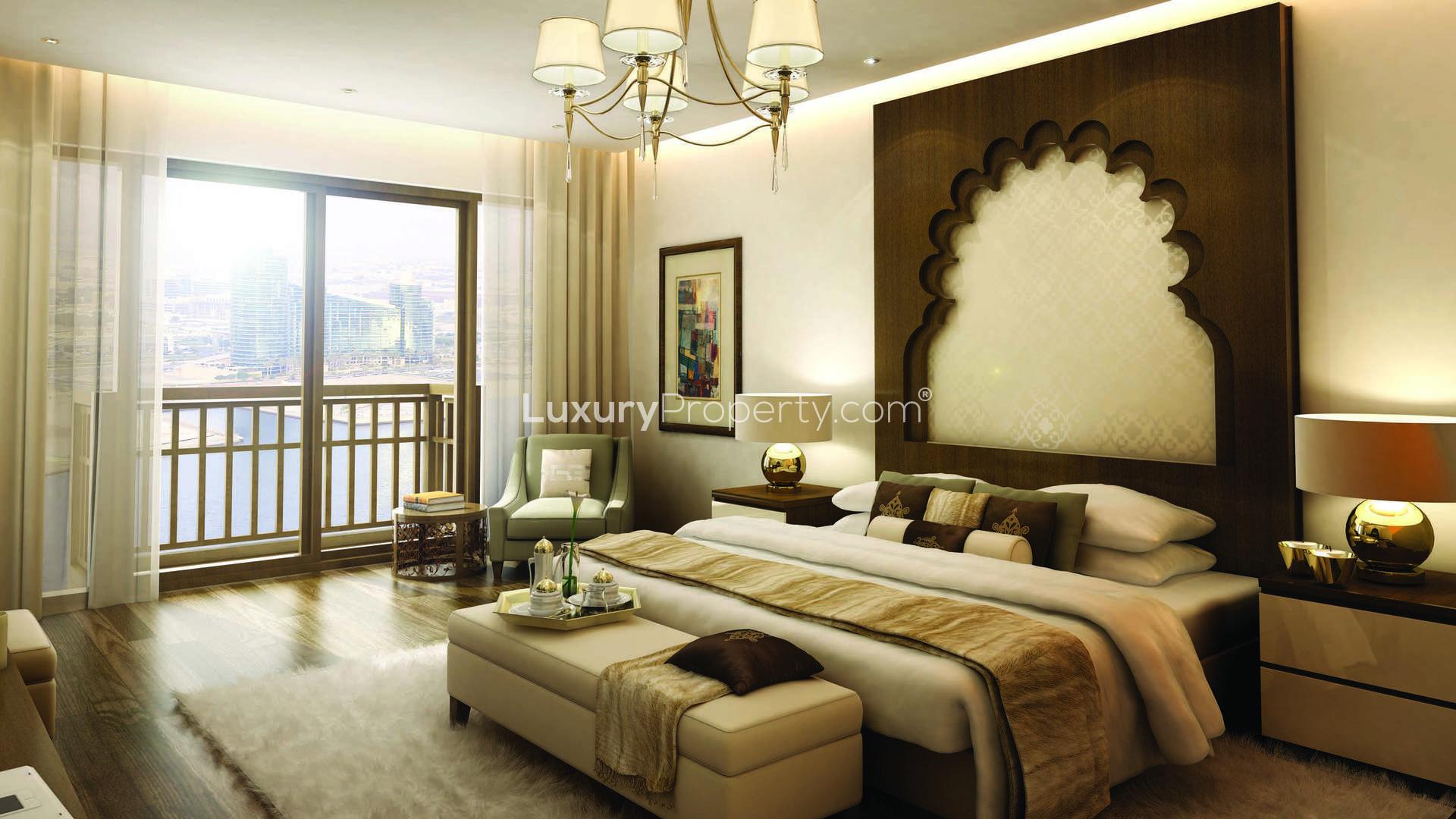 Elegant living room in 1-bedroom apartment, Manazel Al Khor, Dubai Creek, waterfront view