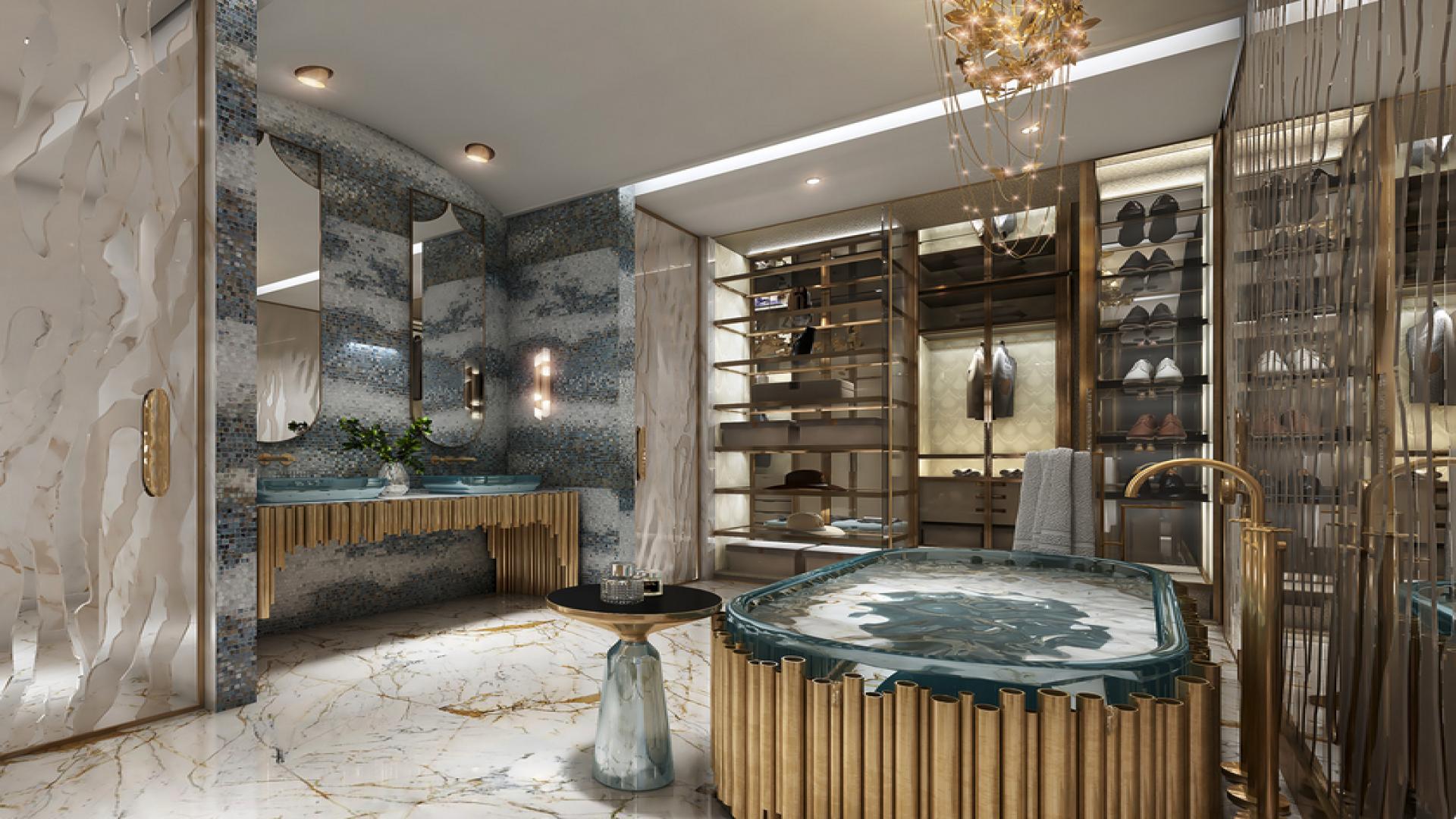 Luxurious lobby in Damac Bay apartment, Dubai Harbour with modern decor and sea view