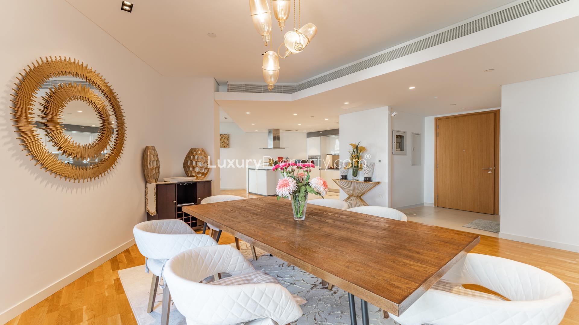 Elegant dining and living area in Bluewaters 1-bedroom sea view apartment for sale