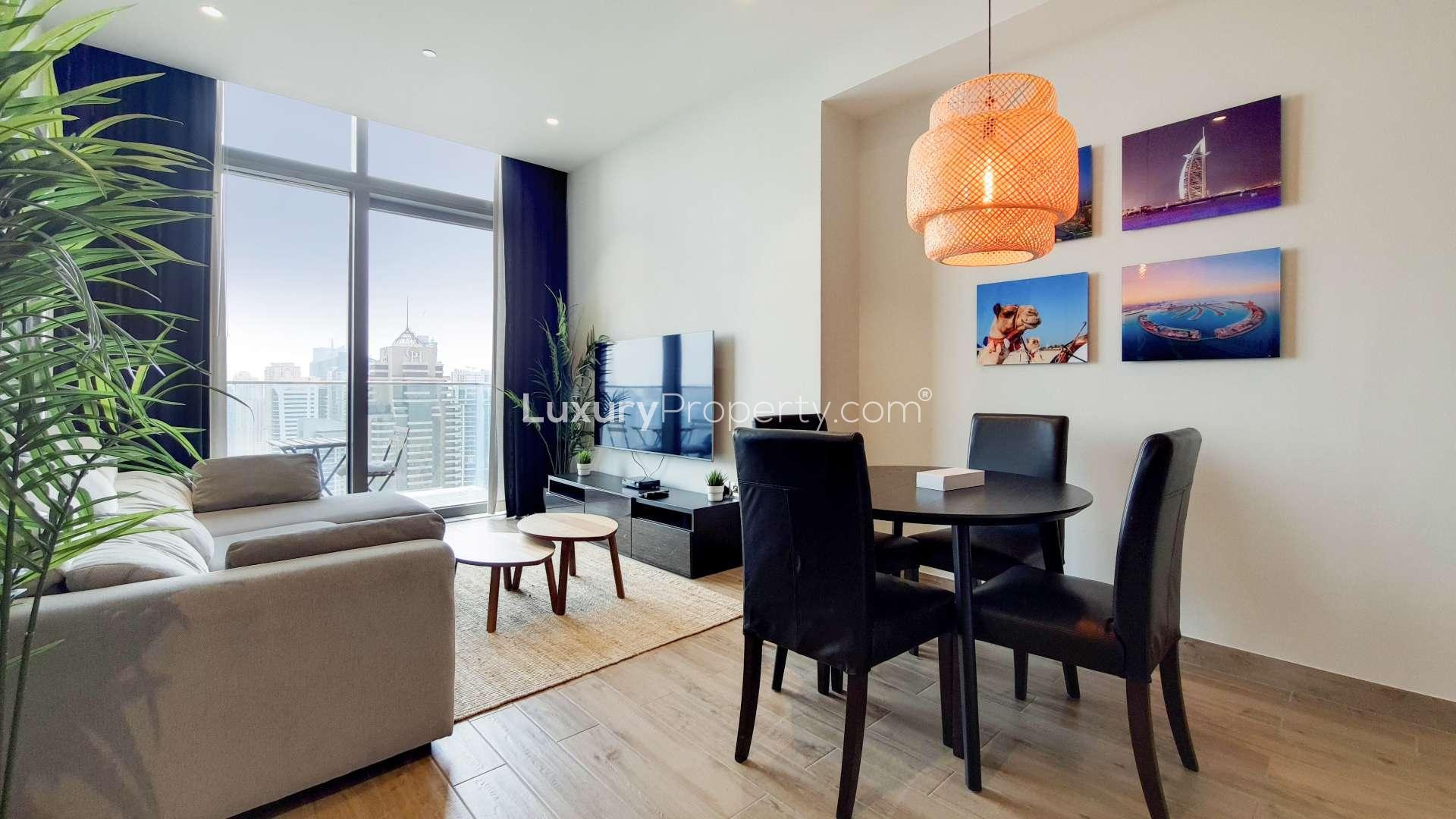 High-floor apartment balcony with Dubai Marina views, Marina Gate community, 1-bedroom apartment