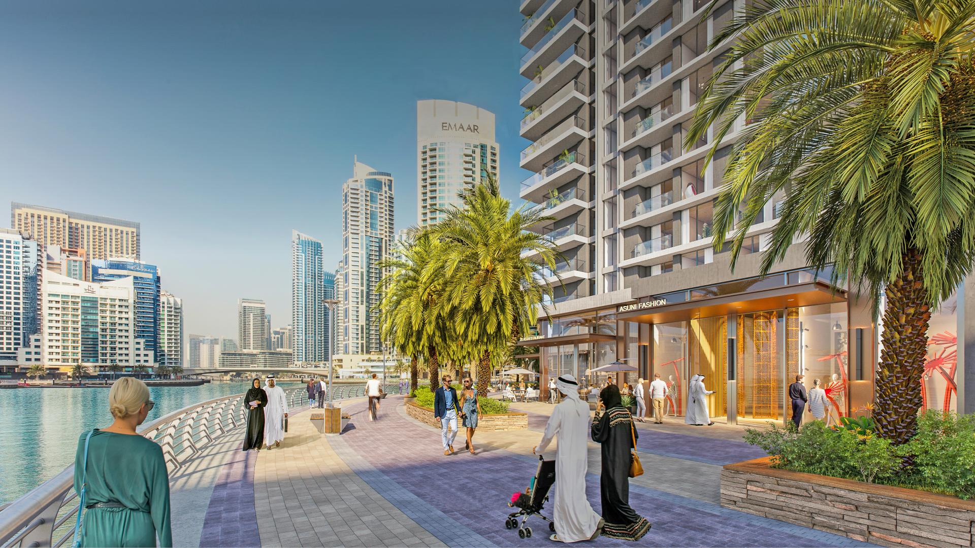 Contemporary beachfront apartment in Dubai Marina, Marina Shores, vibrant promenade view