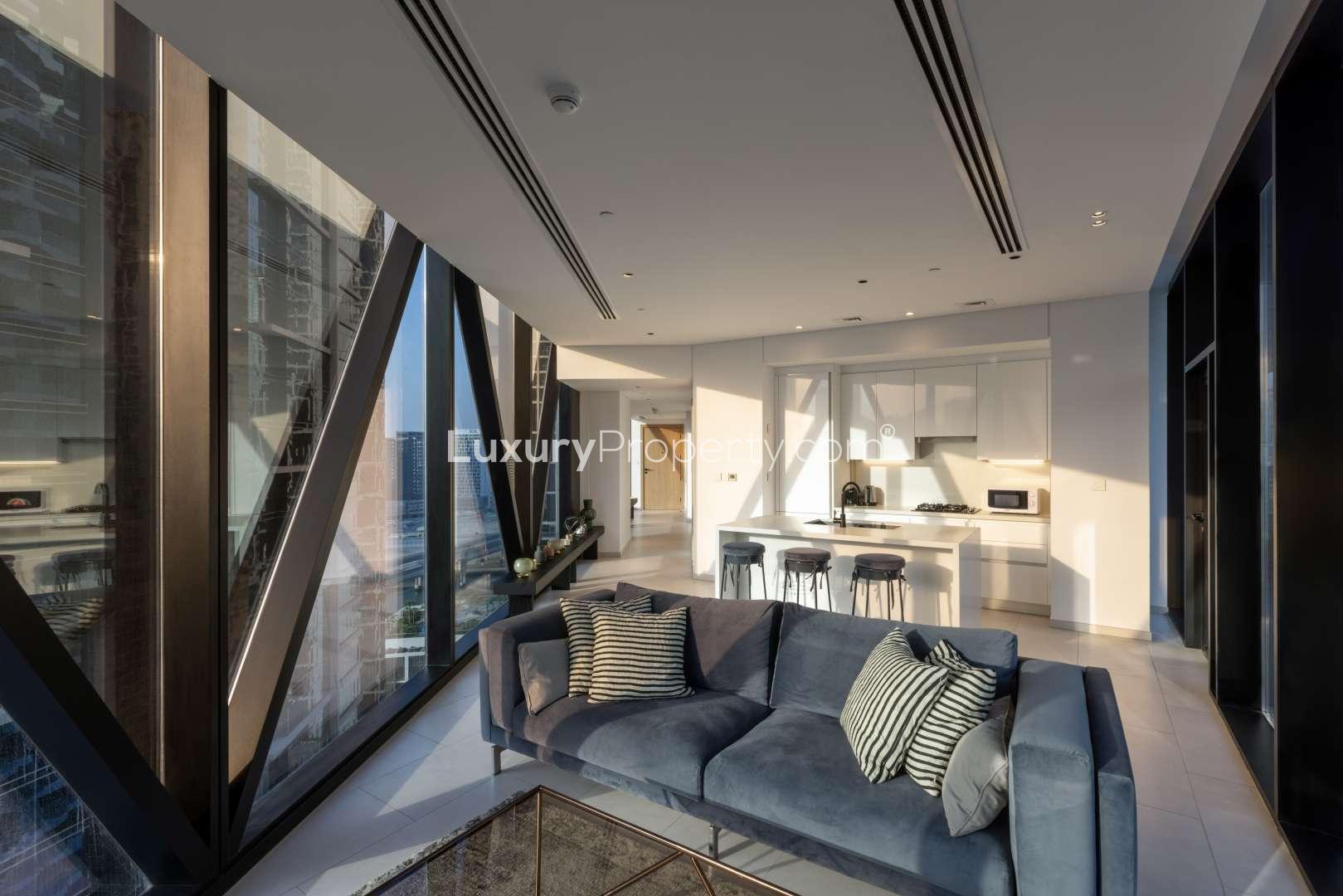 Modern bedroom with city view in Marquise Square Tower, Business Bay, Dubai apartment
