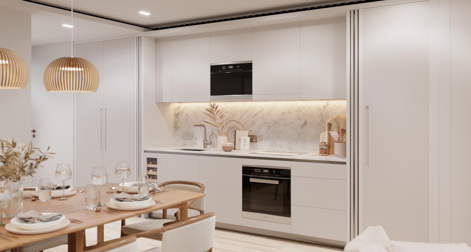 Modern living and dining area in Marylebone Square apartment, Central London