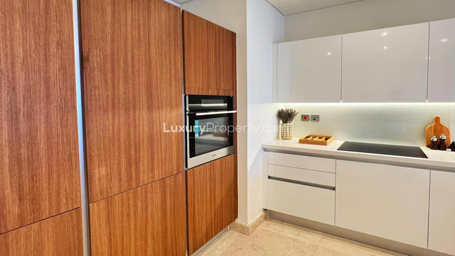 Modern kitchen and living area in Anwa apartment, Dubai Maritime City, LP47261