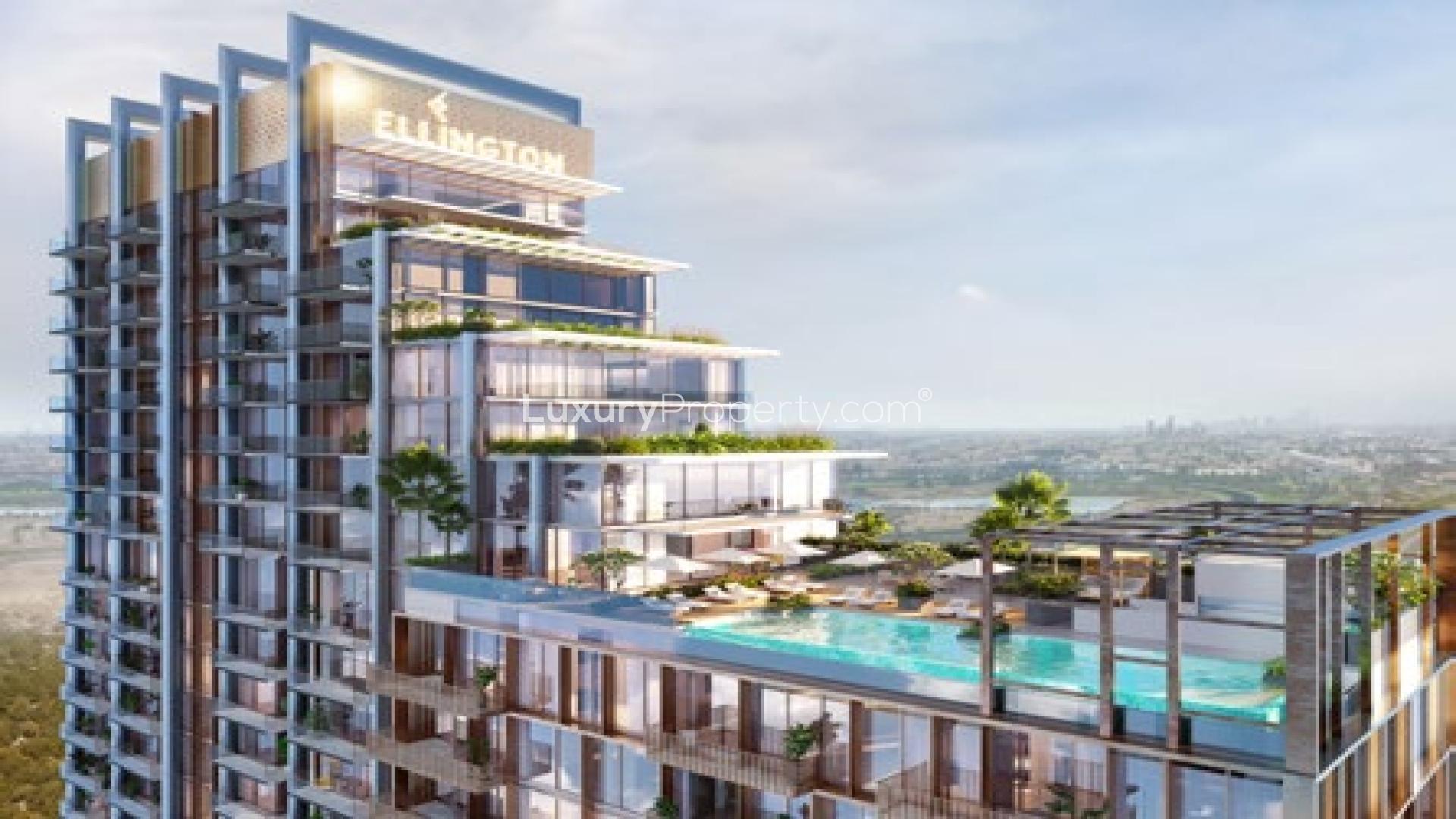 Modern bedroom in The Highbury apartment, Mohammed Bin Rashid City, featuring elegant decor and balcony