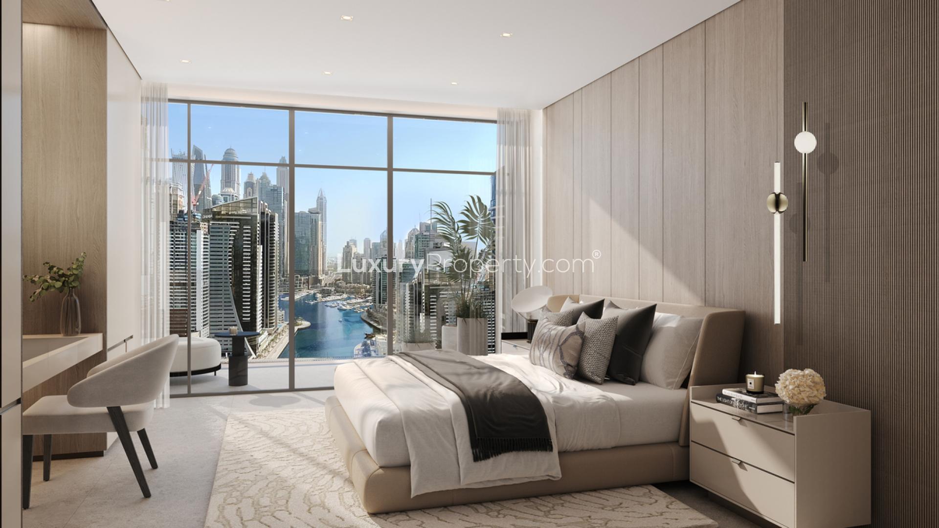 Luxurious 1-bedroom apartment interior with marina views at LIV Waterside, Dubai Marina