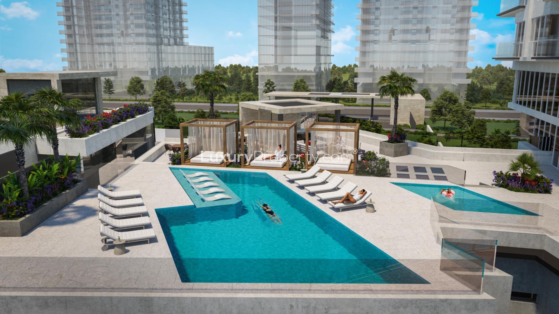Modern marina-facing apartment building at LIV Waterside, Dubai Marina, with waterfront views