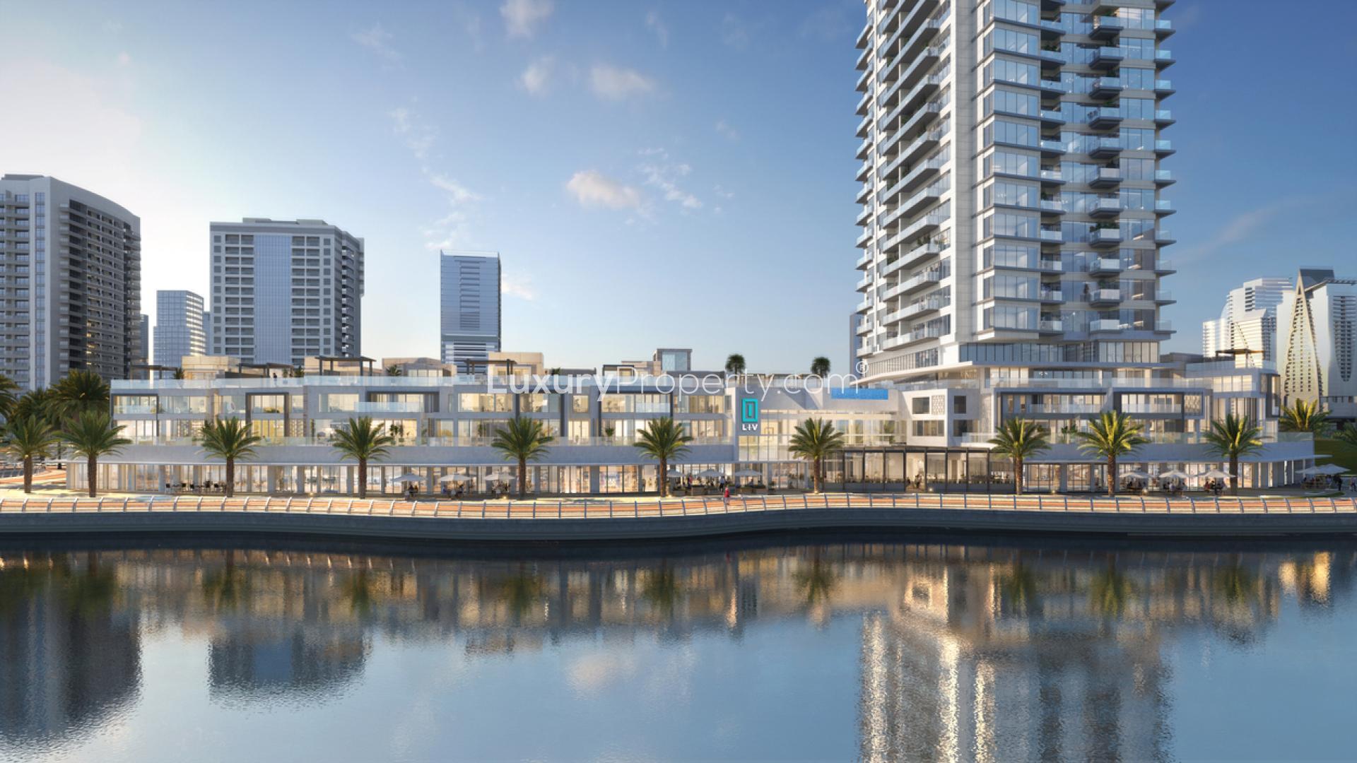 Modern bedroom with marina view at LIV Waterside, Dubai Marina apartment for sale