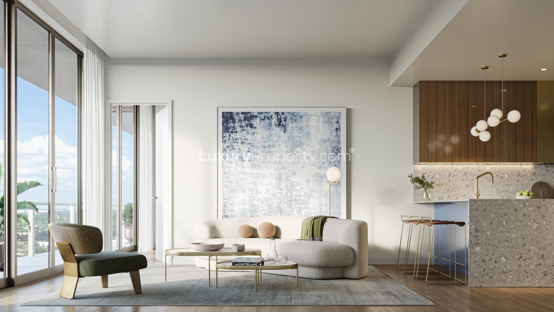 Modern apartment building exterior in Coconut Grove, Miami, for sale, one-bedroom residence