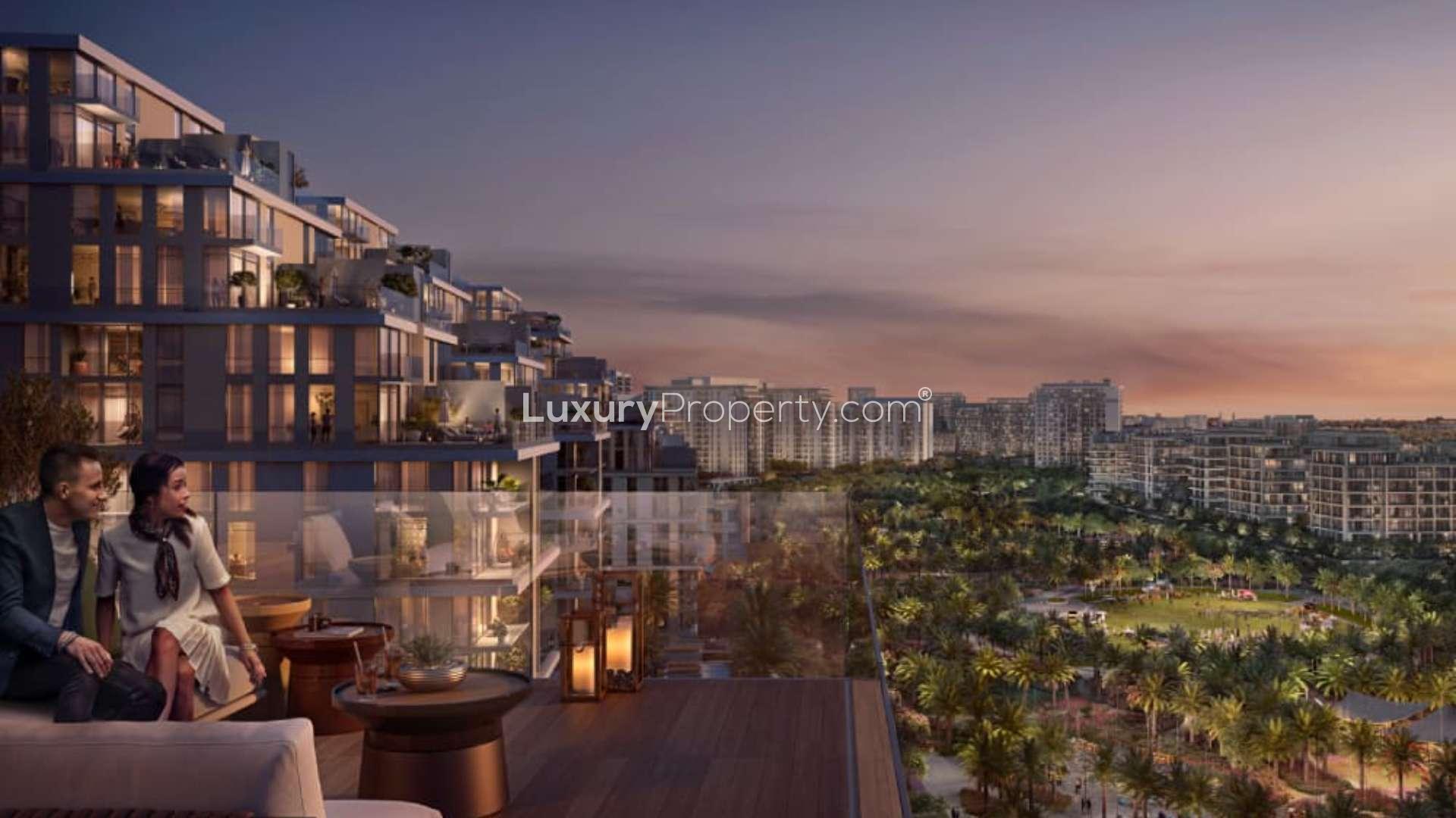 Brand new 1-bedroom apartment balcony view of park in Dubai Hills Estate, Park Heights