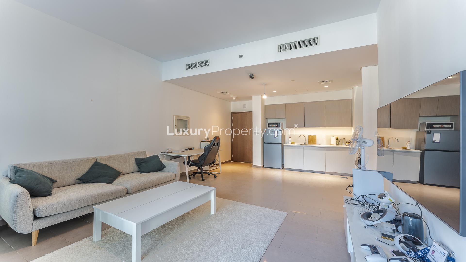 Living room in 1-bedroom apartment, Park Heights, Dubai Hills Estate, with modern furnishings