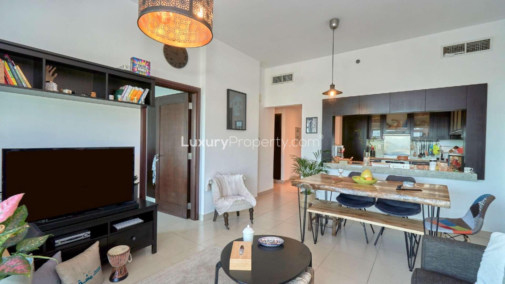 Skyline view from Mosela Tower apartment in The Views community, Dubai