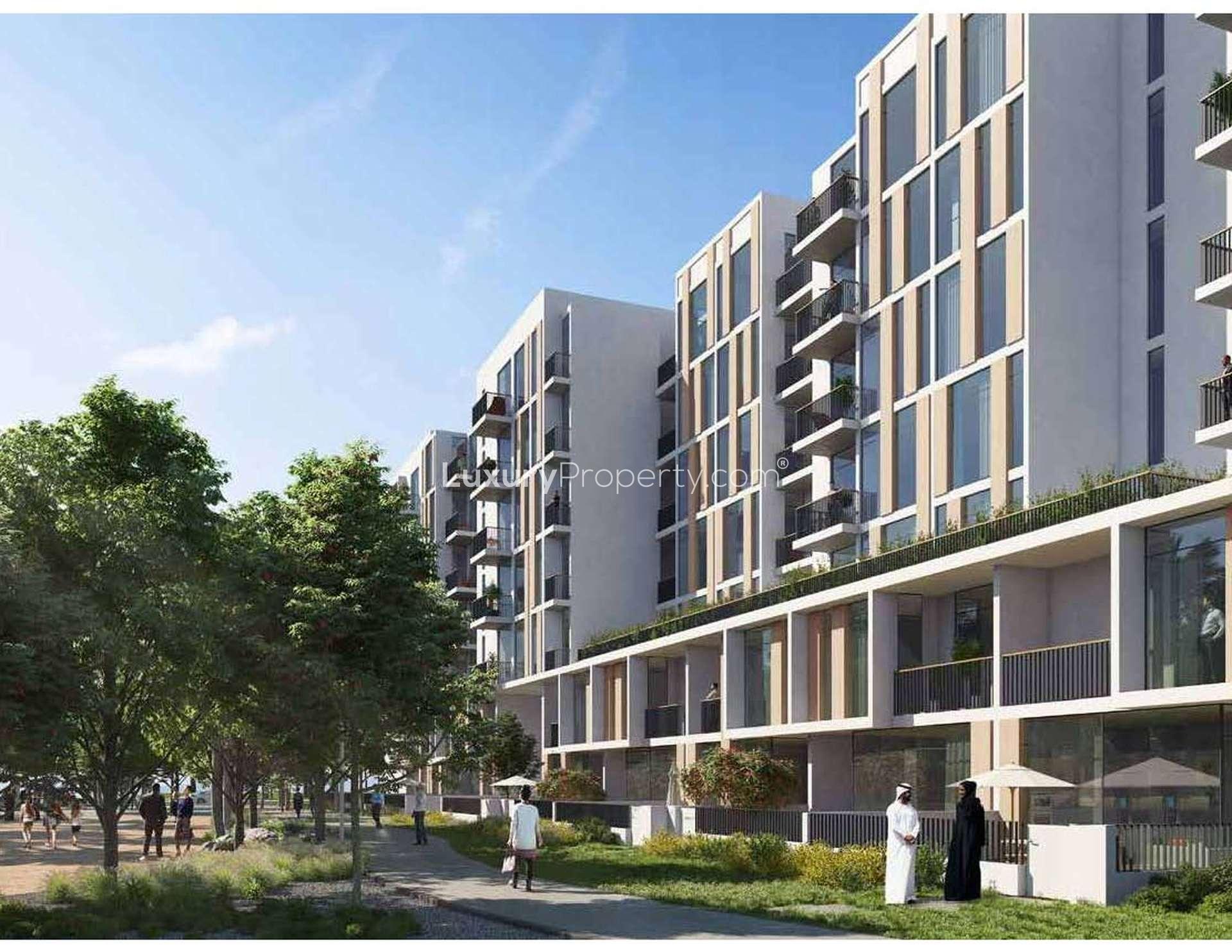 Modern living room in 1-bedroom apartment, Mudon Views, Dubai with stylish decor and natural light