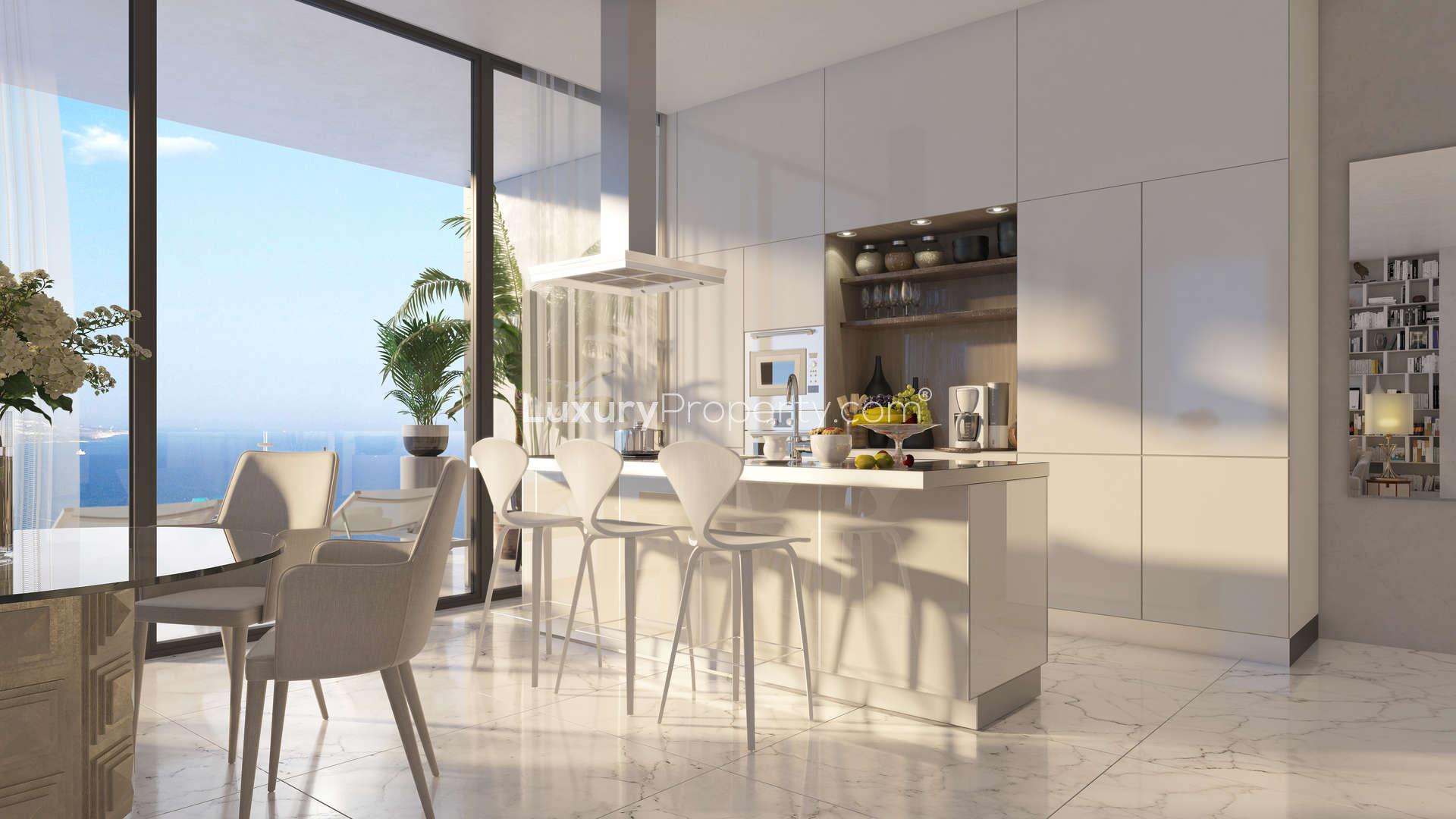 Ultramodern living room with sea view in one-bedroom apartment, Olympic Resort, Limassol