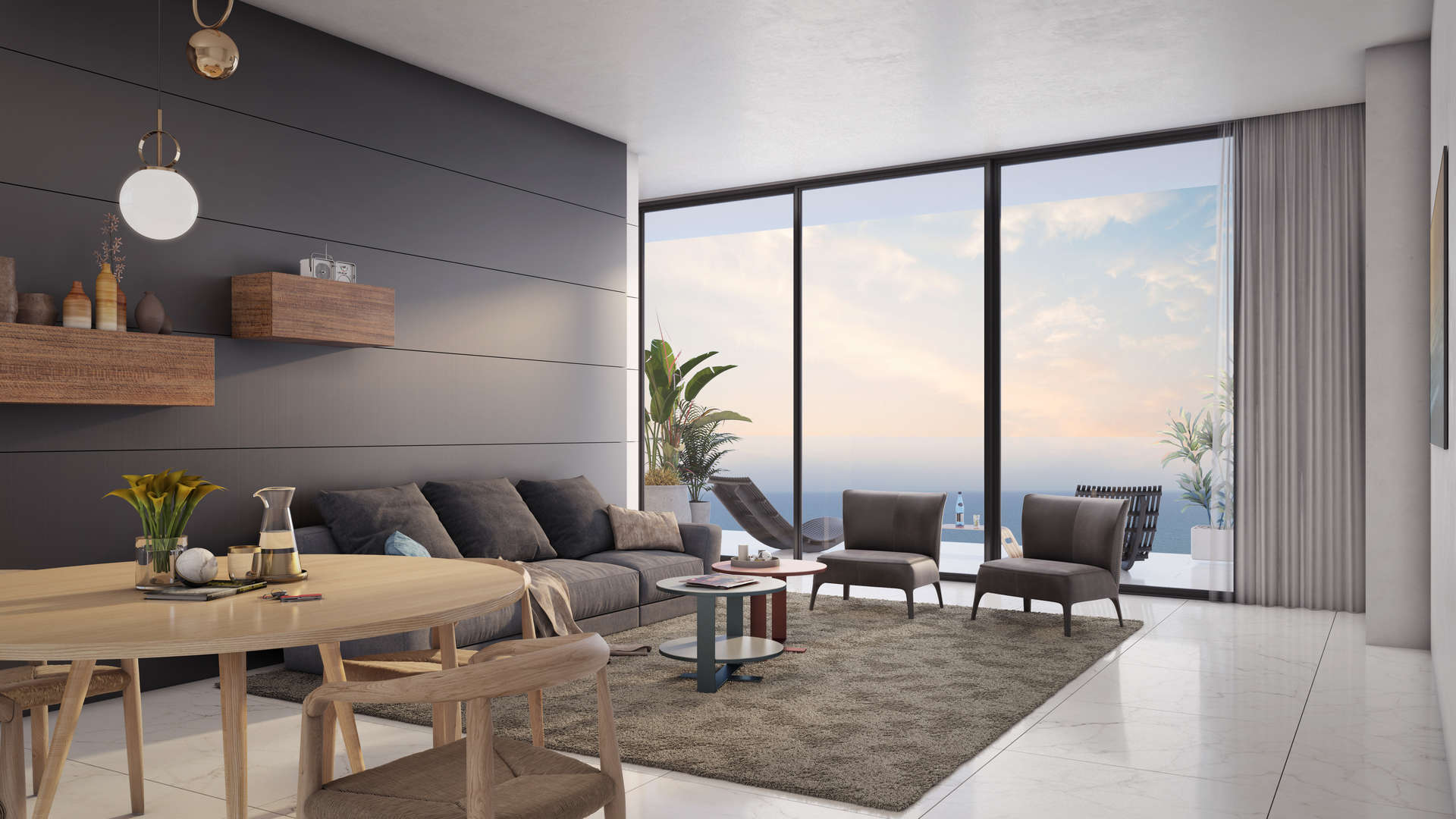 Ultramodern one-bedroom apartment tower at sunset, Olympic Resort, Limassol