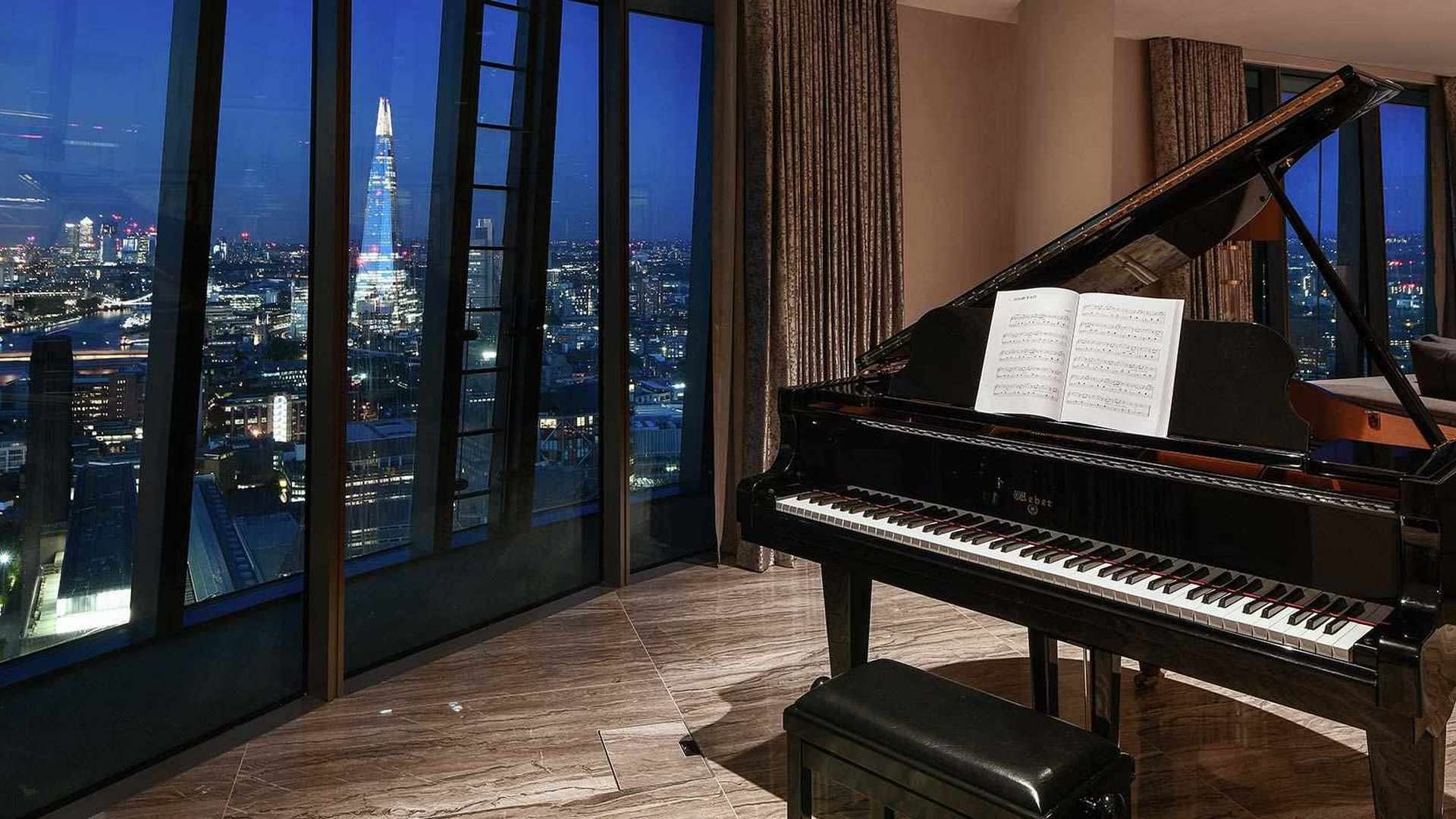 Luxurious living room in One Blackfriars apartment, South Bank, London, with modern decor