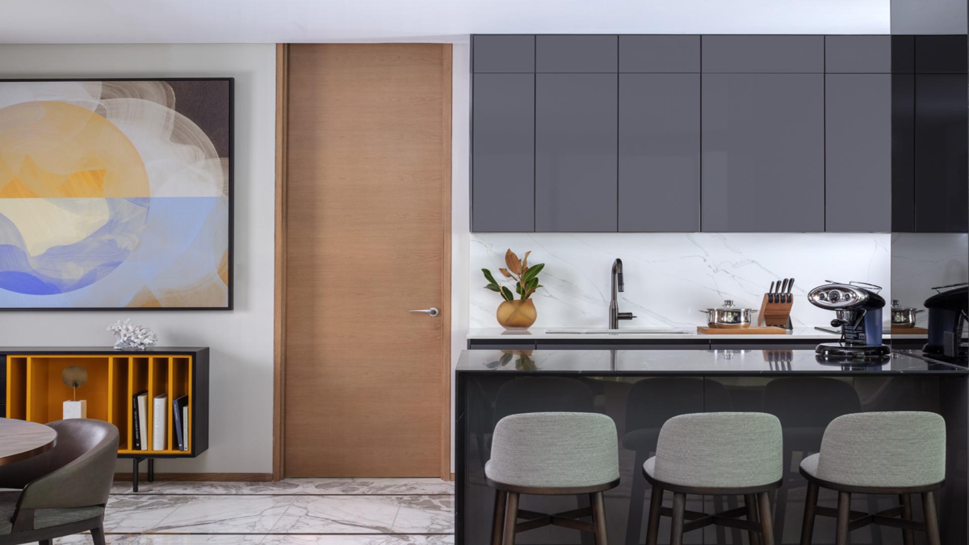 Modern living room and kitchen in one-bedroom apartment, Zabeel 1, for sale