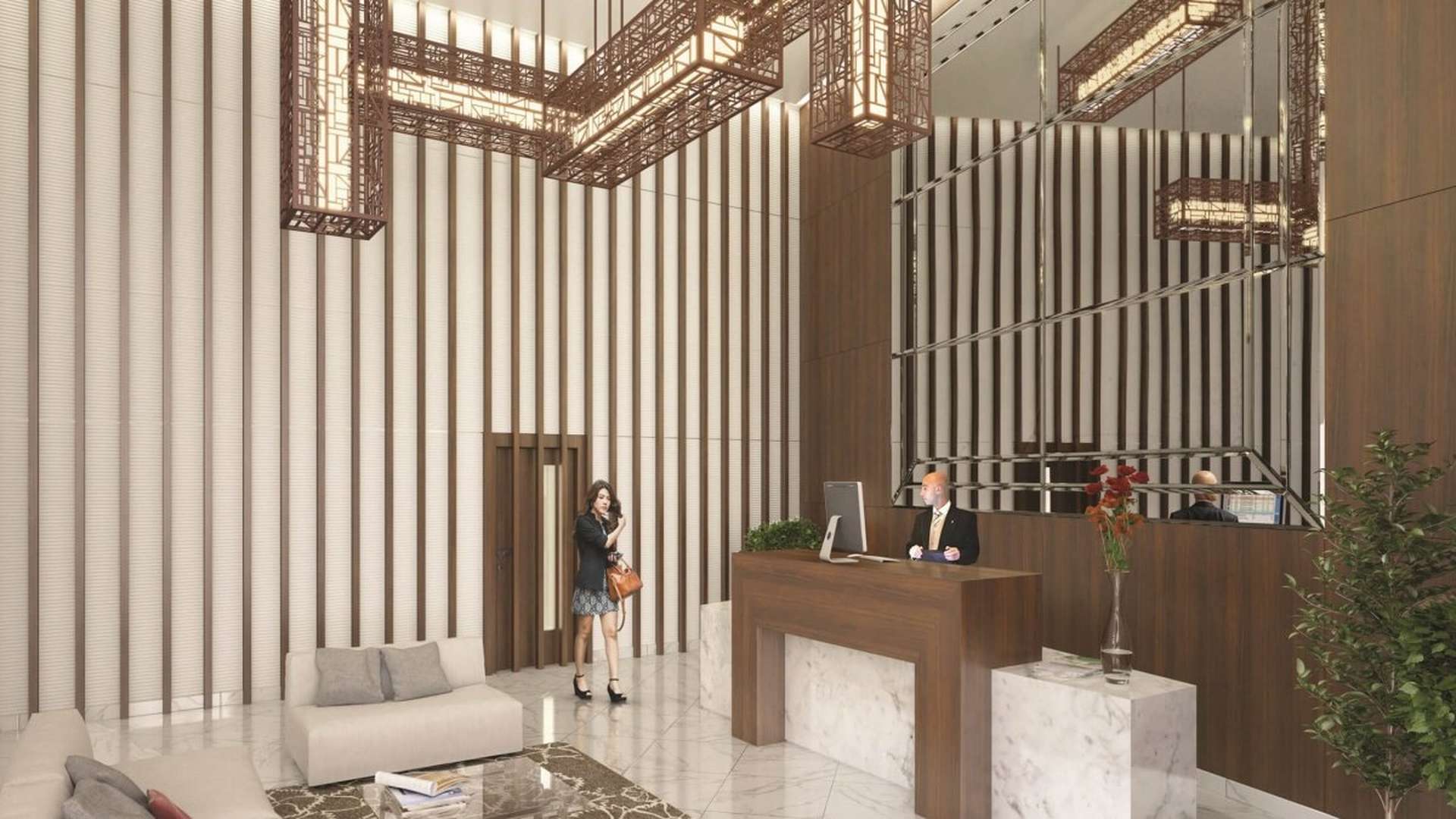 Modern red-brick apartment building in Orchard Wharf, London, with street view and people