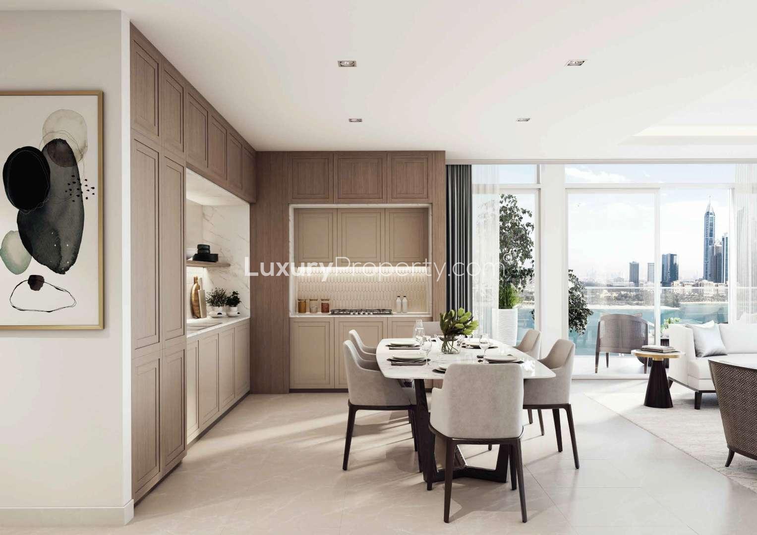 High-floor apartment living room with stunning Palm view at Emaar Beachfront, Dubai Harbour