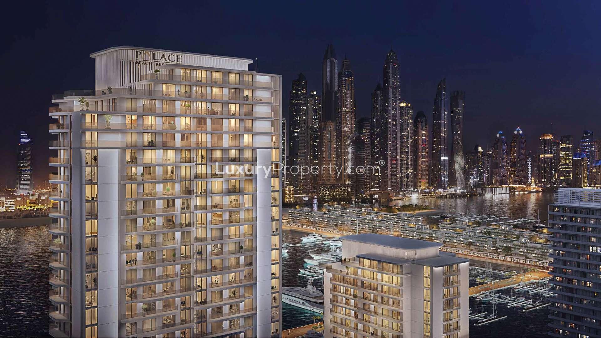 Luxury apartment pool with stunning Arabian Sea view at Emaar Beachfront, Dubai Harbour
