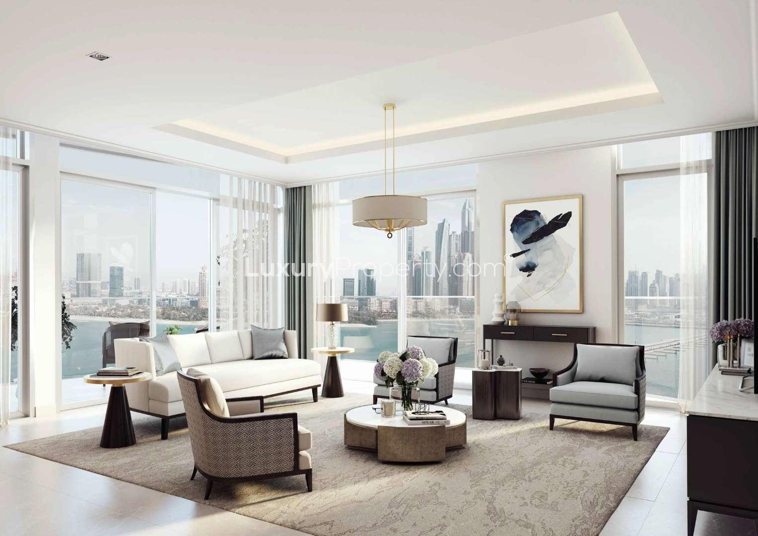 Luxurious Dubai Harbour apartment living room with Palm view, modern decor, and elegant furnishings