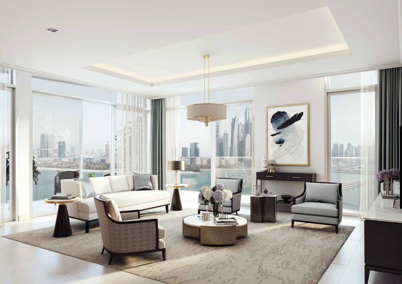 Luxurious Dubai Harbour apartment living room with Palm view, modern decor, and elegant furnishings