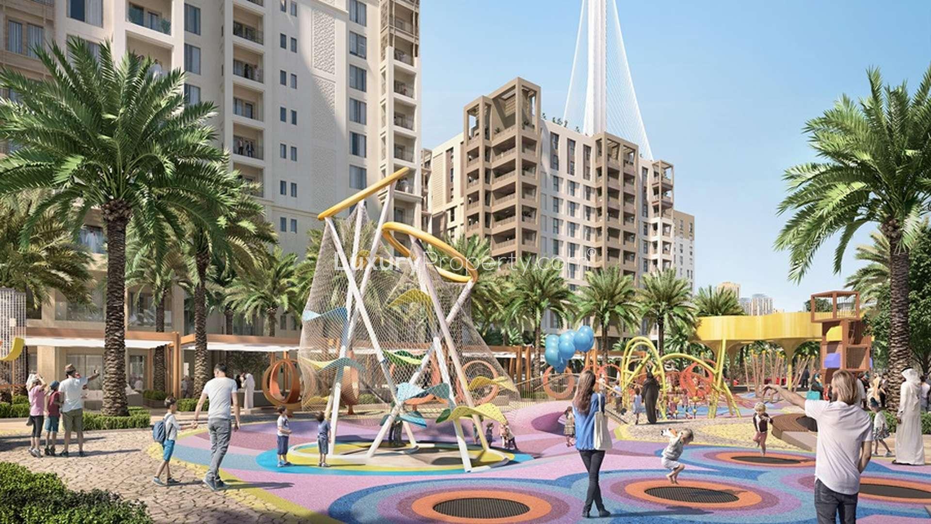 Elegant Dubai Creek Harbour skyline view from Palace Residences apartment for sale