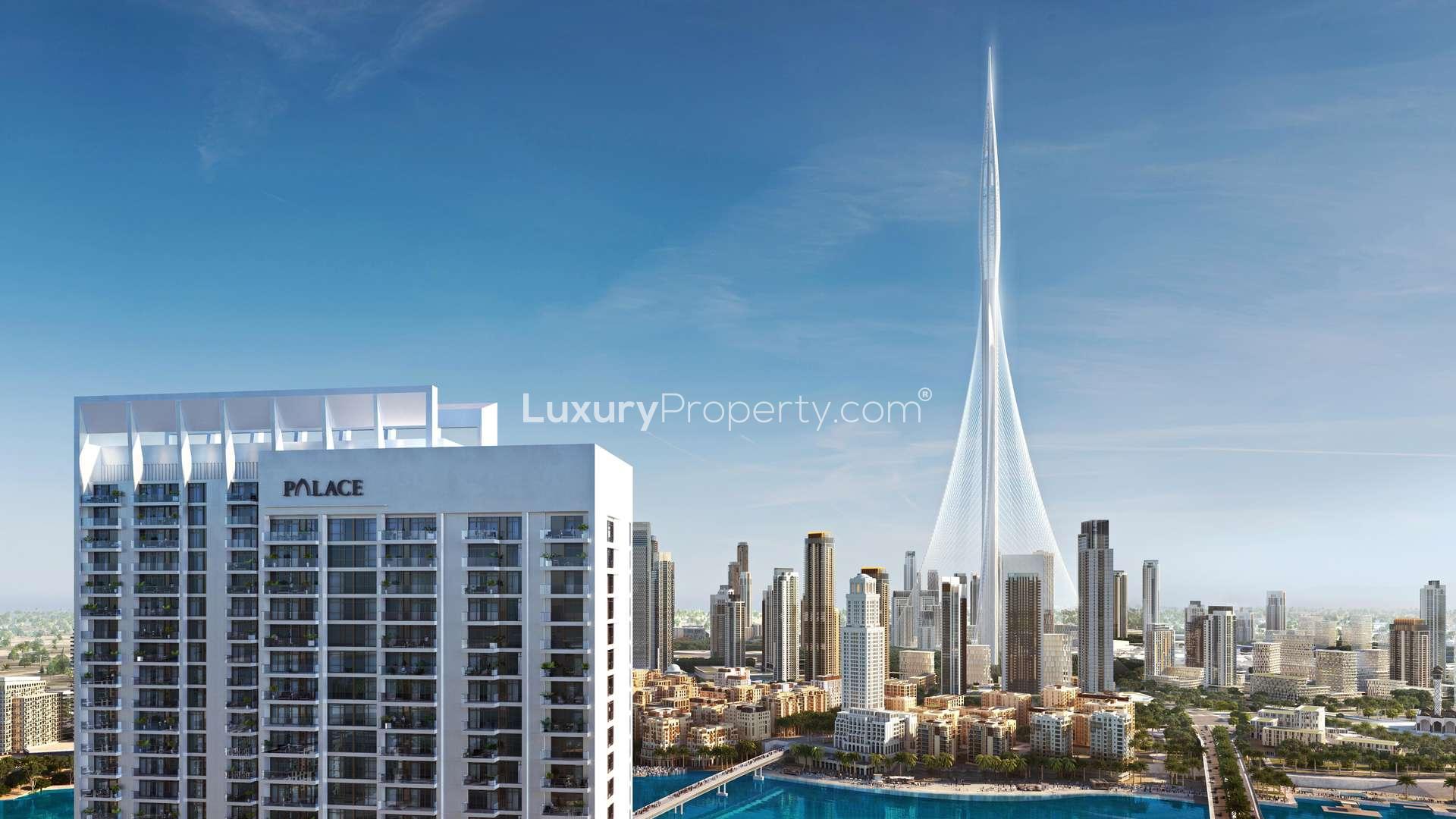 Elegant bedroom with city view in Palace Residences, Dubai Creek Harbour apartment for sale