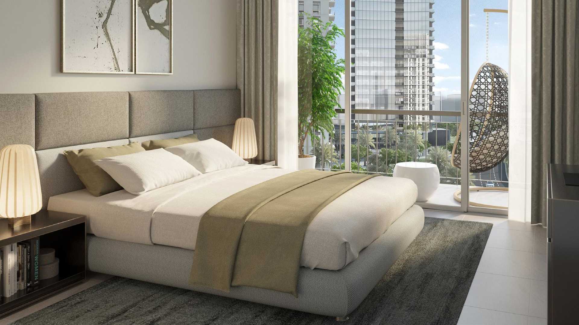 Luxurious one-bedroom apartment balcony overlooking pool in Park Heights, Dubai Hills Estate