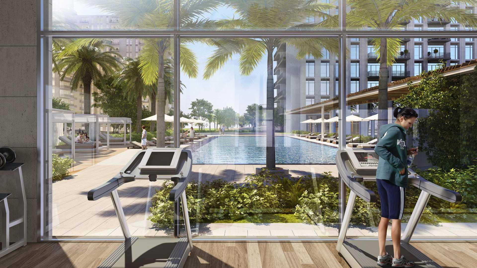 Luxurious bedroom in Park Heights apartment, Dubai Hills Estate, featuring modern decor and balcony view