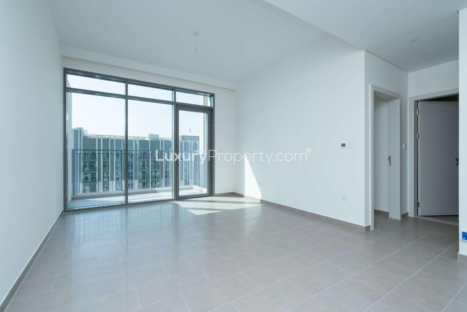 High-floor apartment view of Dubai Hills Estate and Park Heights construction site