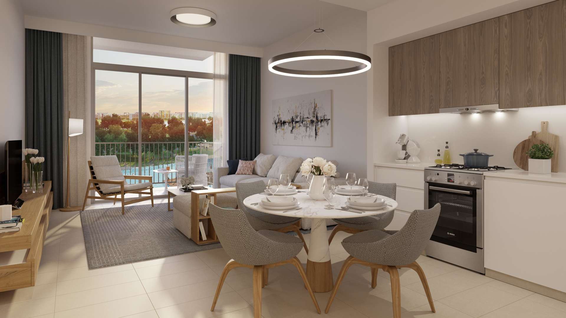 Modern lounge area in Park Ridge apartment, Dubai Hills Estate, with stylish seating and decor