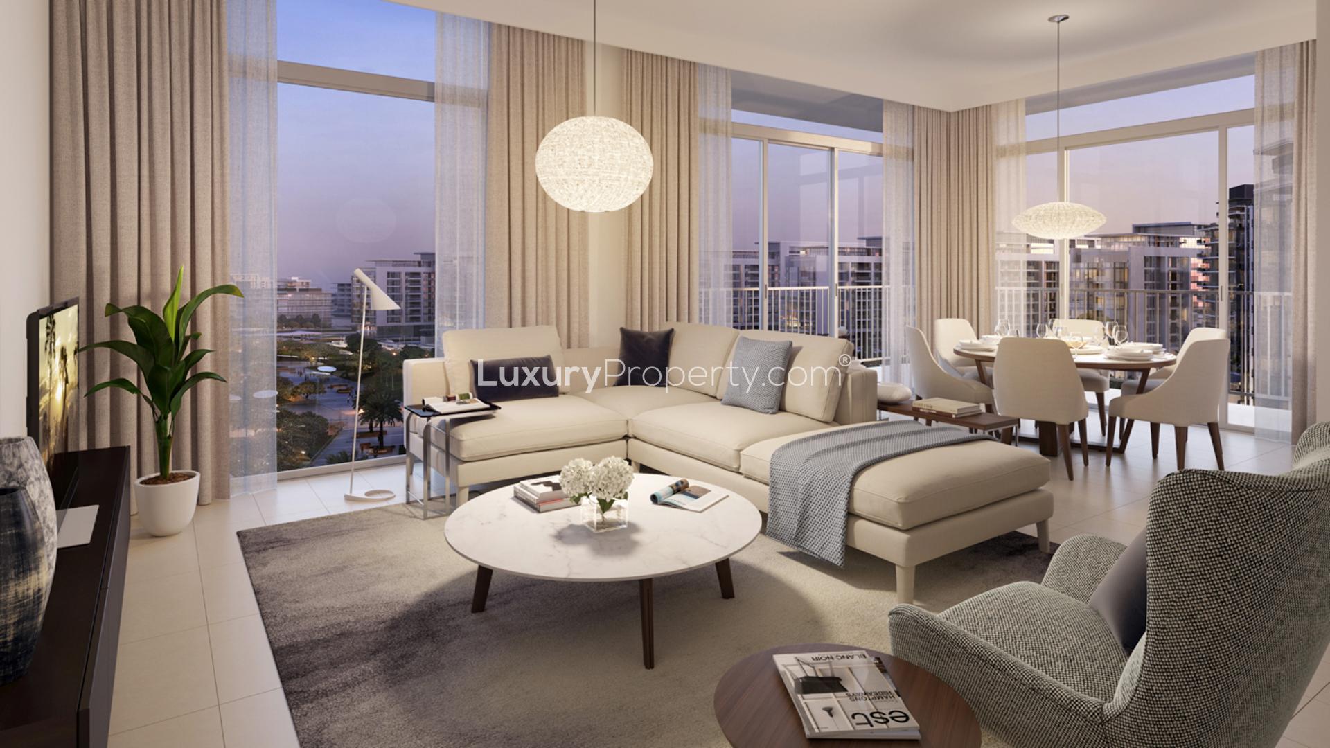 Elegant bedroom in 1-bed apartment, Park Ridge, Dubai Hills Estate, with scenic window view
