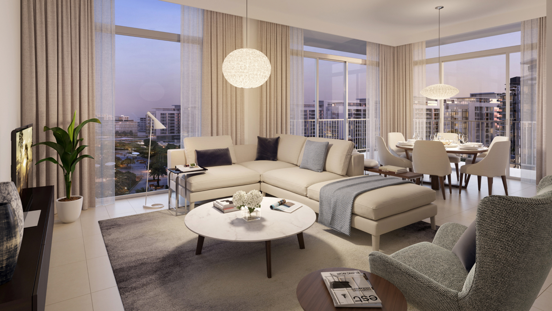 Elegant bedroom in 1-bed apartment, Park Ridge, Dubai Hills Estate, with scenic window view