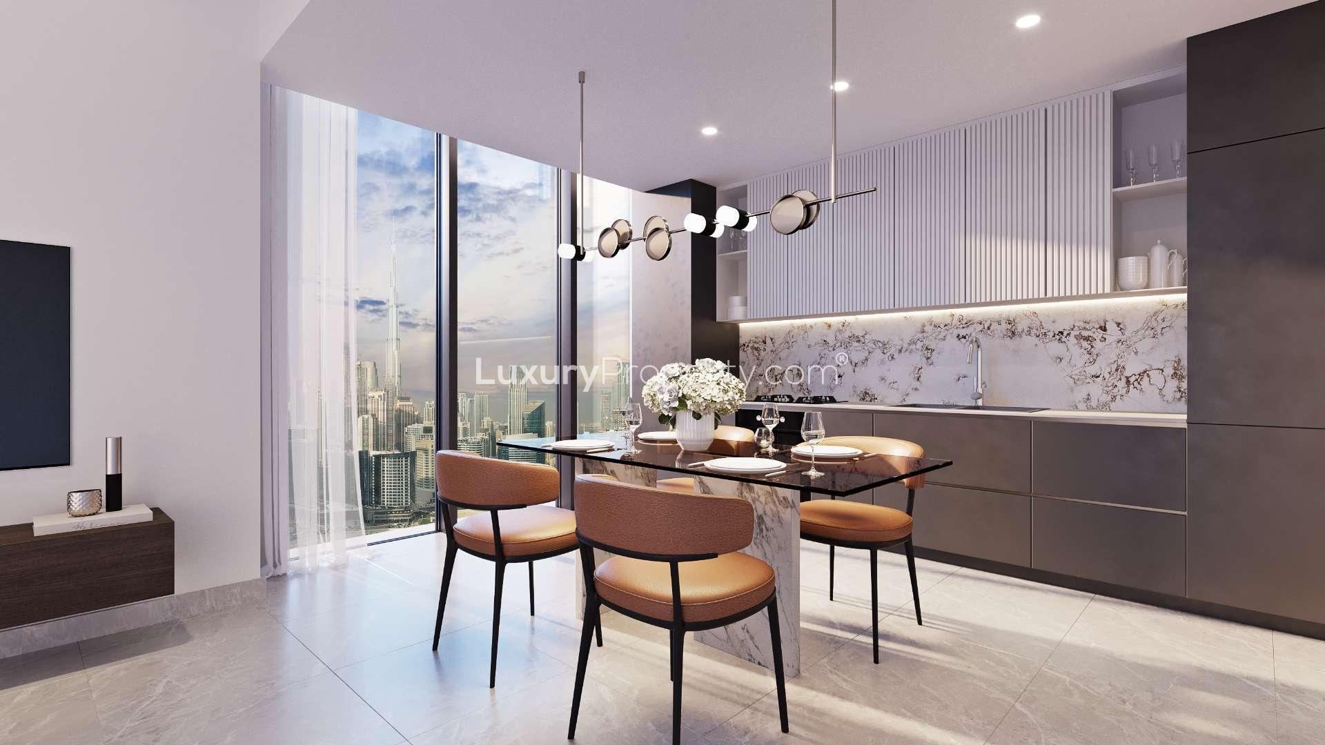 Skyline view of luxury apartments in Jumeirah Village Circle, The Plaza, Dubai