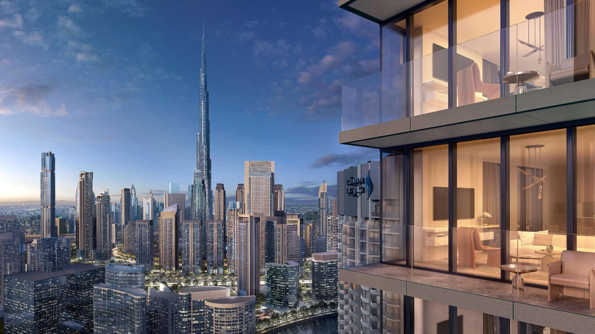 One-bedroom apartment interior in Peninsula Four, Jumeirah Village Circle, with city view