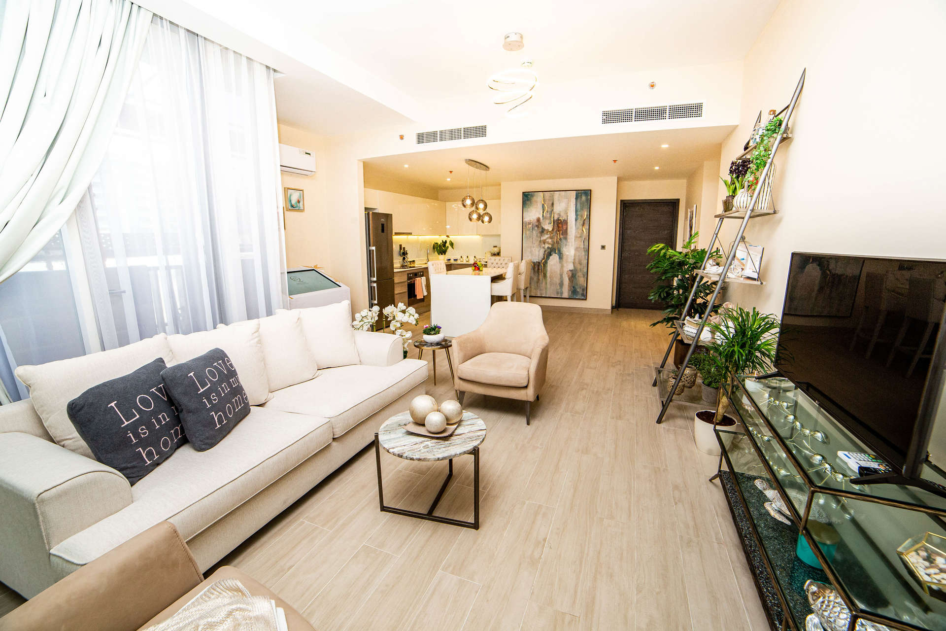 Modern open-plan living area in 1-bedroom apartment, Q Gardens, Arjan, for sale