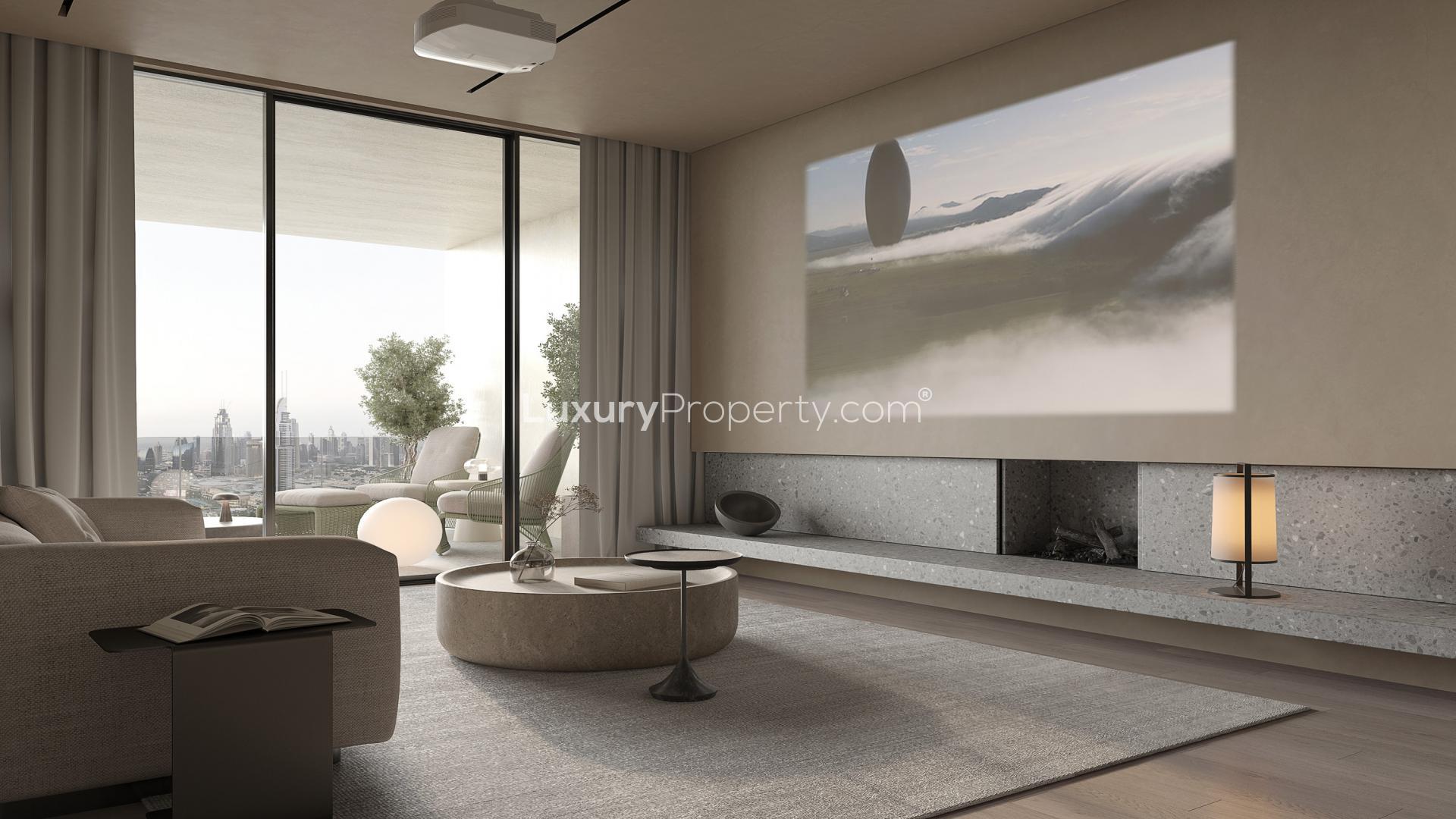 Modern living room in 1-bedroom Keturah Reserve apartment, Dubai skyline view, District 7