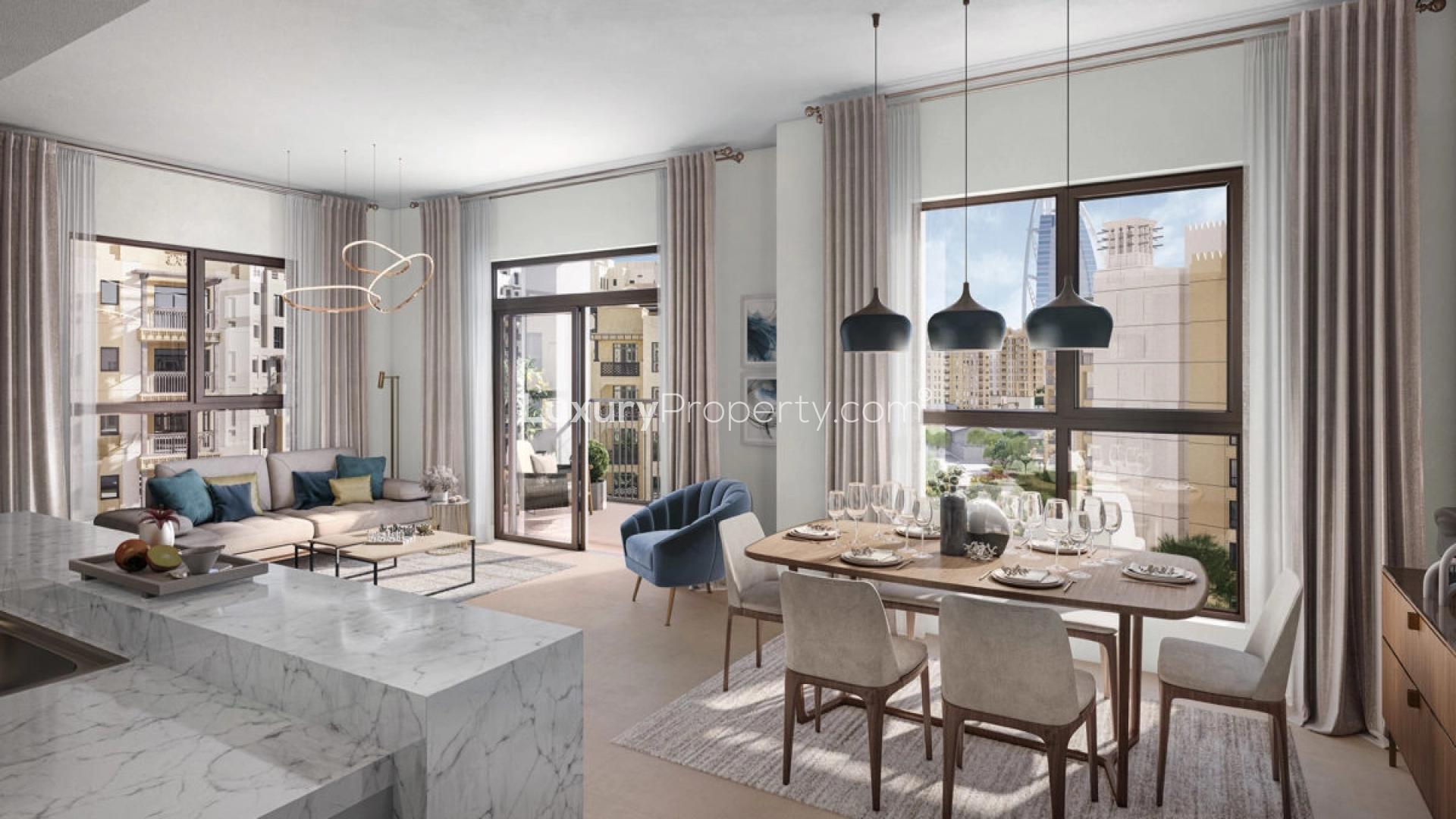 Outdoor seating area with garden view at Al Jazi 2 apartment, Madinat Jumeirah Living